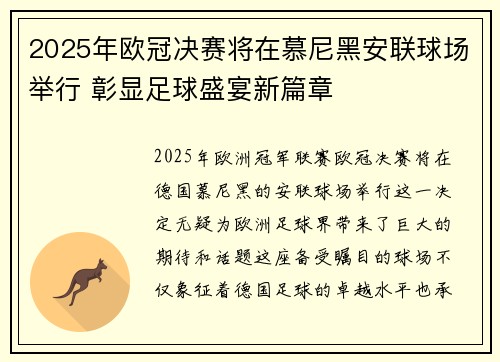 2025年欧冠决赛将在慕尼黑安联球场举行 彰显足球盛宴新篇章
