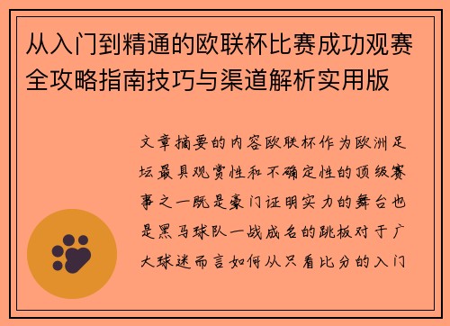 从入门到精通的欧联杯比赛成功观赛全攻略指南技巧与渠道解析实用版